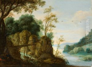 Rocky river landscape with a wooden bridge and travelers by Pieter van der Borcht (III)