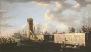 Mediterranean quay with sailors merchants and stevedores by Cornelis de Wael