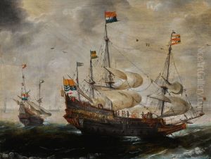 Four-masted ship flying the flag of Zeeland, another vessel beyond by Andries Van Eertvelt