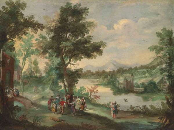 Extensive wooded landscape, with villagers dancing and making music beside a river - view 1