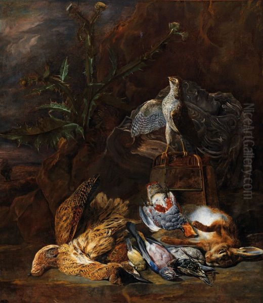 Hunting still life with wildfowl, a hare and a falcon - view 1