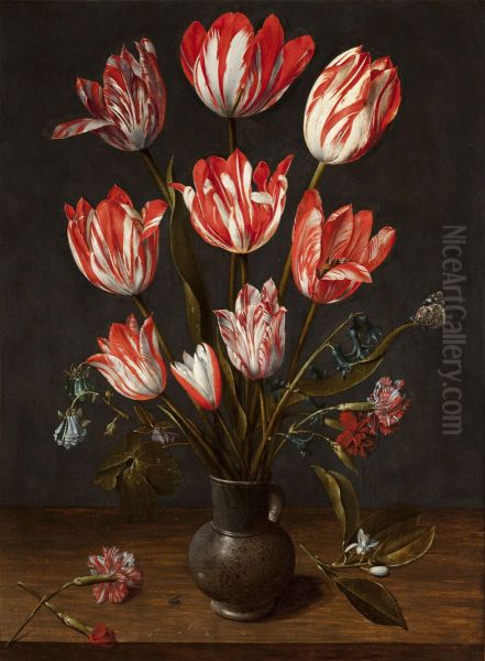 Tulips and carnations in an earthenware vase - view 1