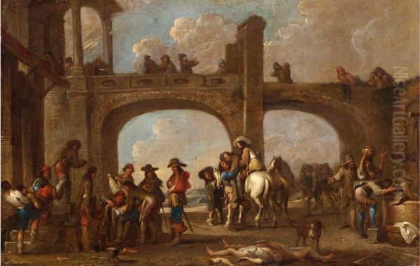Courtyard scene with soldiers returning from battle - view 1