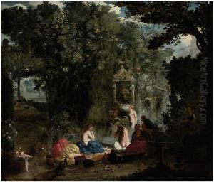 A classical landscape with nymphs bathing in a grotto by Adriaen Van Stalbemt