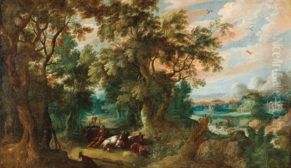 Wooded landscape with shepherds and their flock - view 1