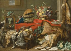 Larder with a draped table laden with game, a lobster, vegetables and fruit in a basket, and kraak porcelain, with a parrot and two hounds by Frans Snyders