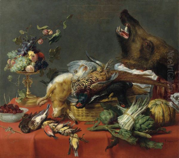 Draped table laden with game, fruit, vegetables and a boar's head - view 1