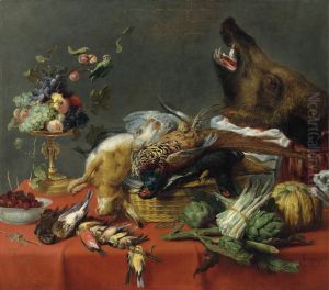 Draped table laden with game, fruit, vegetables and a boar's head by Frans Snyders