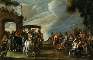 Landscape with ladies descending from a carriage before a tavern, together with figures merrymaking and dancing