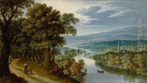 Panoramic mountainous river landscape with figures on a path, a village and fishermen beyond by Marten Ryckaert