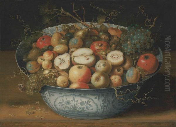 Chinese bowl with apples, plums, grapes and nuts - view 1