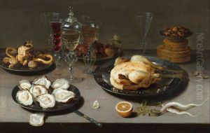 Still life with oysters, roasted chicken, sweets and dried fruits by Osias Beert