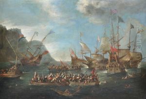 A naval battle between Christian and Turkish ships by Cornelis de Wael