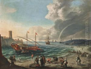 Mediterranean coastal landscape with a embarking galley and ships lying in the roads
