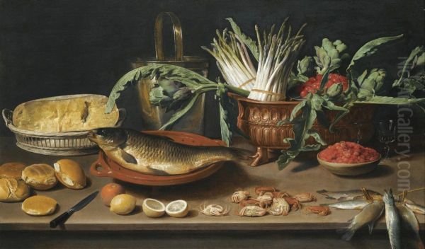 Still life with a fish on a terracotta plate, bunches of asparagus, artichokes and cherries in a scalloped dish, together with half a cheese in a basket, bread rolls, fraises de bois, lemons, oranges and crabs all arranged on a table top - view 1