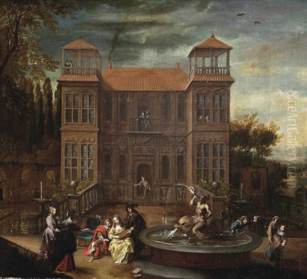 An elegant company making merry by a fountain in front of a house - view 1