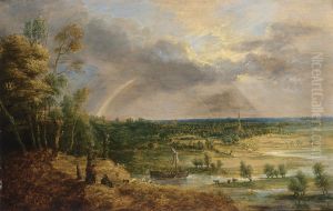 Panoramic river landscape with a rainbow