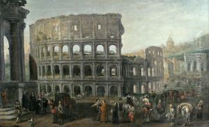 View of the Colosseum with numerous figures in the foreground by Cornelis de Wael