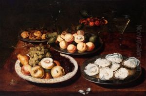 Still life with oysters, fruit and glasses on a table by Osias Beert