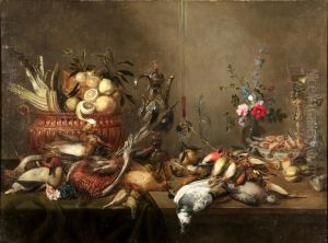 A large pronk still life with flowers, fruit and fowl by Frans Ykens