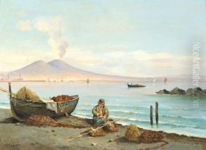 Pescatorello Sulla Spiaggia Davanti Al Vesuvio