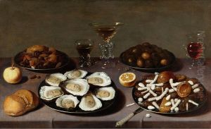 Still life with sweet cake and pastries, chestnuts, wine glasses, oysters and bread rolls by David Rijckaert (II)