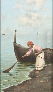 A Fisher Girl Pulling In A Net by Vittorio Capessiero