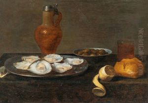 Still Life with oysters, lemon, olives, and a jug by Jacob van Es