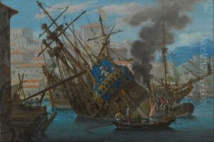 Mediterranean Harbour with a Man-of-War being Caulked by Abraham Casembroot