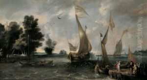 River view with boats, a pier and figures