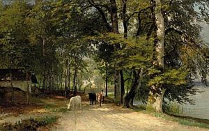A farmer with cows at the edge of a lake. by Anders Andersen-Lundby