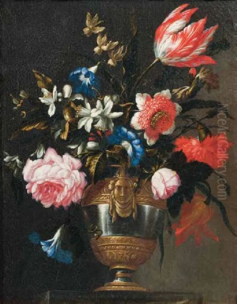Flowers in a vase with a sculpted mask - view 1