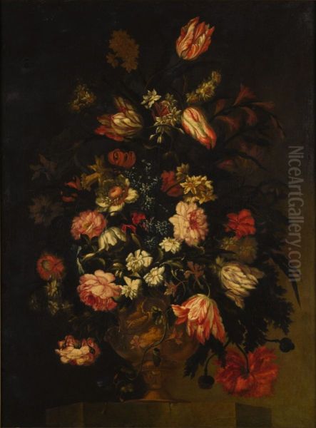 Still life of flowers in an urn, including tulips, roses and poppies, all on a stone ledge - view 1