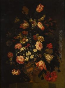 Still life of flowers in an urn, including tulips, roses and poppies, all on a stone ledge