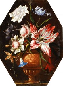 Still life of flowers in an urn on a ledge by Francesco Caldei
