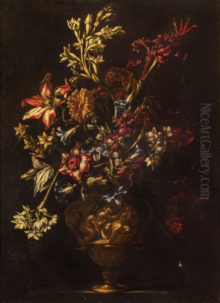 Flowers in a sculpted vase - view 1