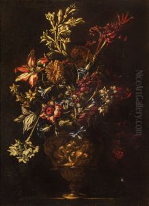 Flowers in a sculpted vase by Francesco Caldei