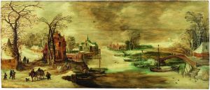 River landscape in winter with travellers by Jan Brueghel the Younger
