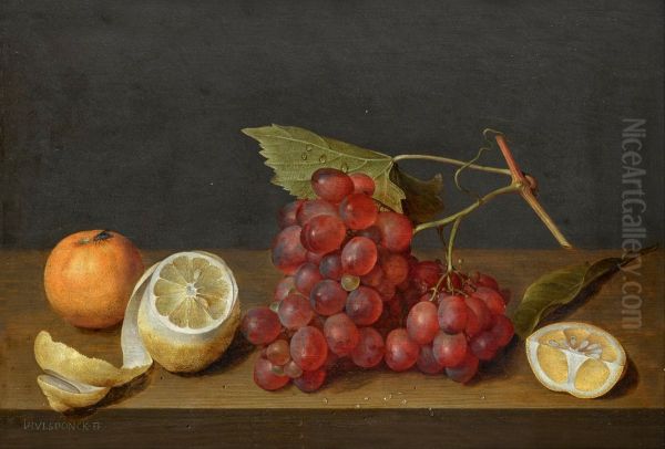 Still life with a bunch of grapes and a peeled lemon on a ledge - view 1