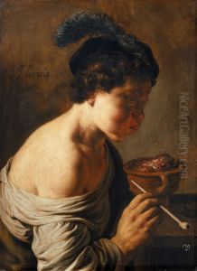 A youth blowing on coals. by Jan Lievens