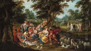 Arcadia - pastoral landscape with shepherds and shepherdesses picnicking' by Frans Francken the Younger
