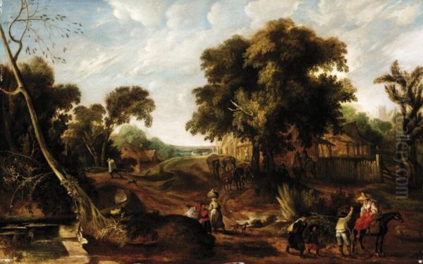 Extensive landscape with many figures passing through a village - view 1