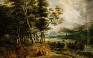 Extensive wooded landscape, drovers with their cattle in the foreground by Lucas Van Uden