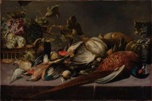 Still life with a basket of grapes, fowl, and a cat on a table by Frans Snyders