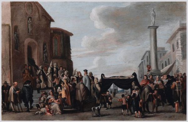 Italian town square with a funeral procession with friars - view 1