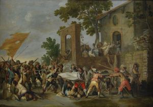 Battle scene in a village by Cornelis de Wael