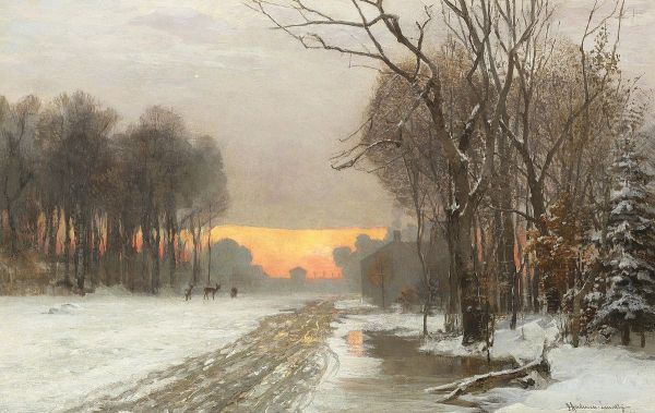 Deer at sunset in a winter landscape. - view 1