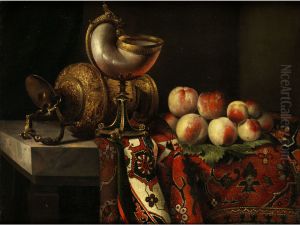 Still life with nautilus cup and peaches by Pieter Boel