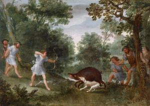 Wooded landscape with a wild boar hunt by Meester Met De Hemden