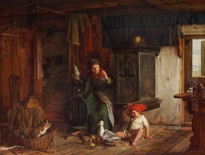Scene i en Fiskerstue. En Dreng der slaar ud efter en And. Fa'er skal sove. by Carl Heinrich Bloch